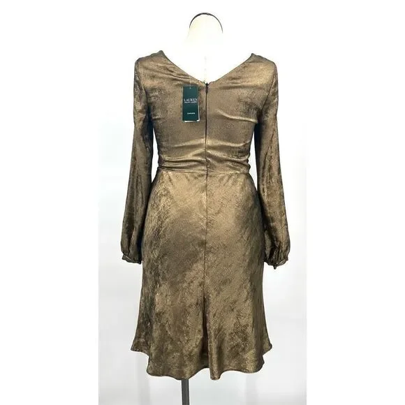 Lauren Ralph Lauren Womens Size 8 Marletta‎ Faux Wrap Sateen Dress Gold NWT $195